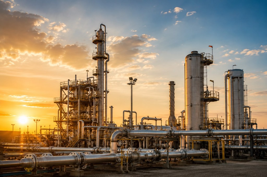 Energy facility and refining operations at sunset