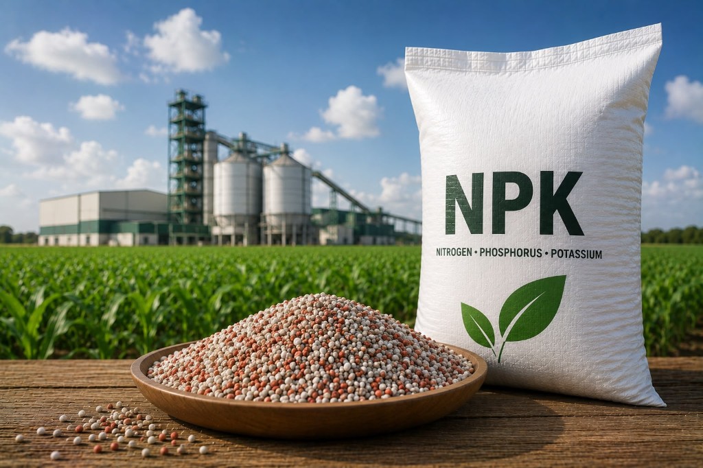 NPK fertilizer bag and granules