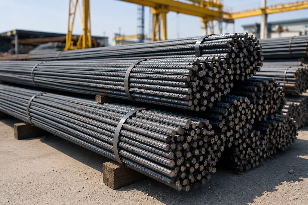 Steel rebar bundles in industrial yard